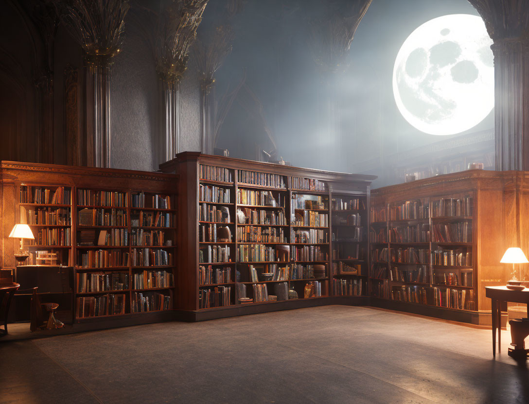 Opulent library with towering bookshelves and full moon glow