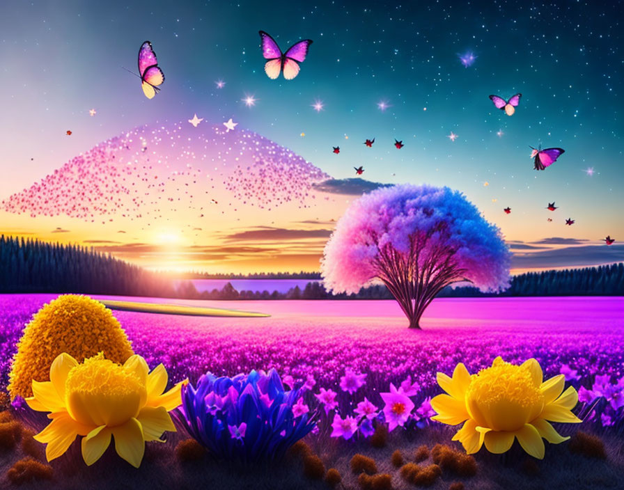 Colorful sunset landscape with starry sky, butterflies, vibrant tree, and purple flower fields