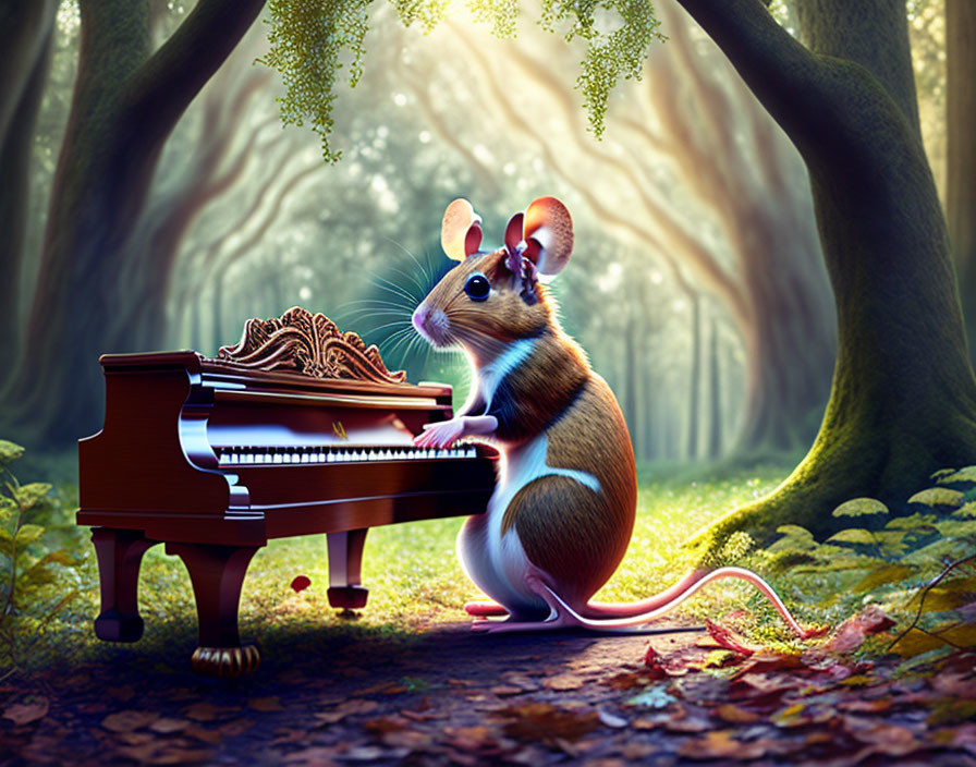 Cartoon mouse playing grand piano in enchanted forest scene