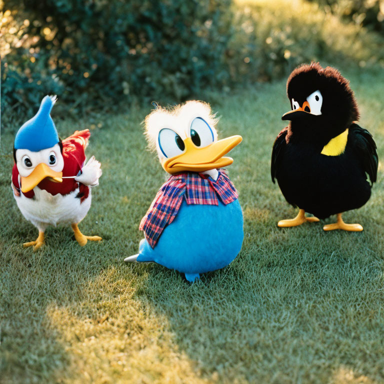 Three Plush Toy Ducks in Clothes Standing on Grass