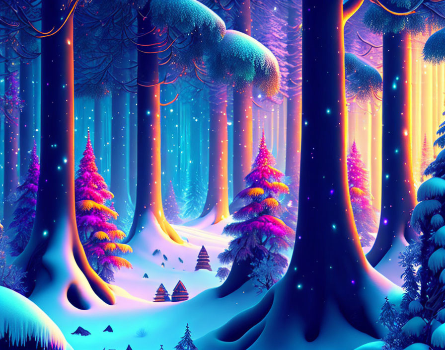 Digital Art: Snow-Capped Trees in Magical Forest Scene