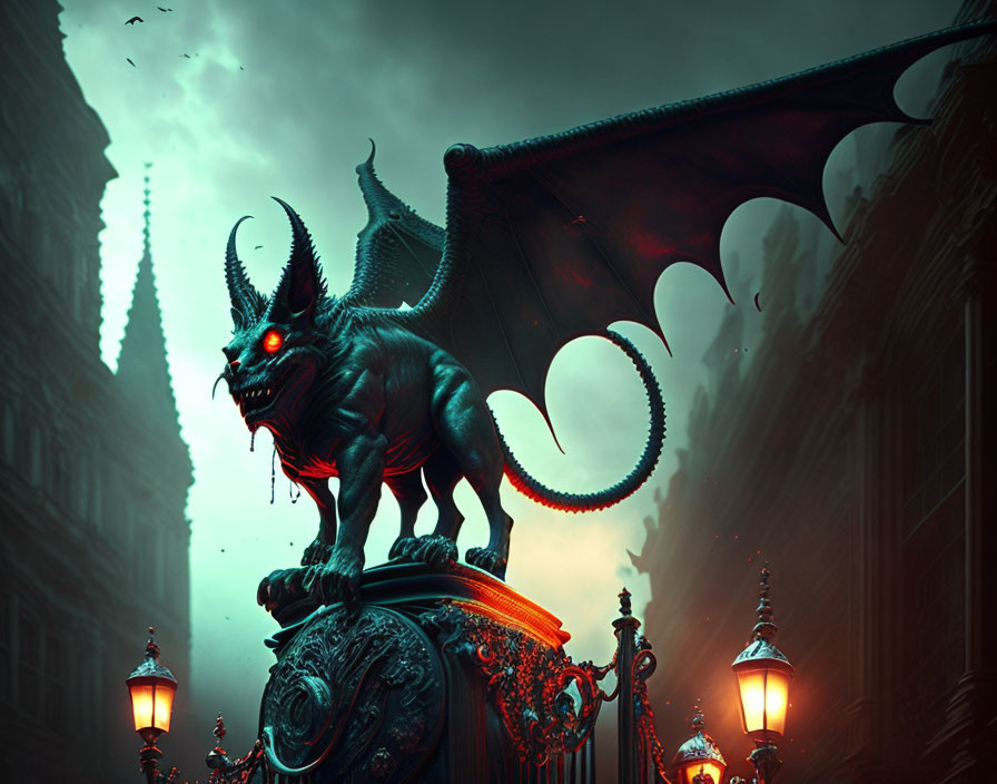 Winged creature with glowing red eyes on ornate pillar in gothic cityscape