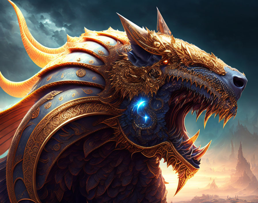 Golden Dragon with Glowing Blue Eyes in Stormy Sky