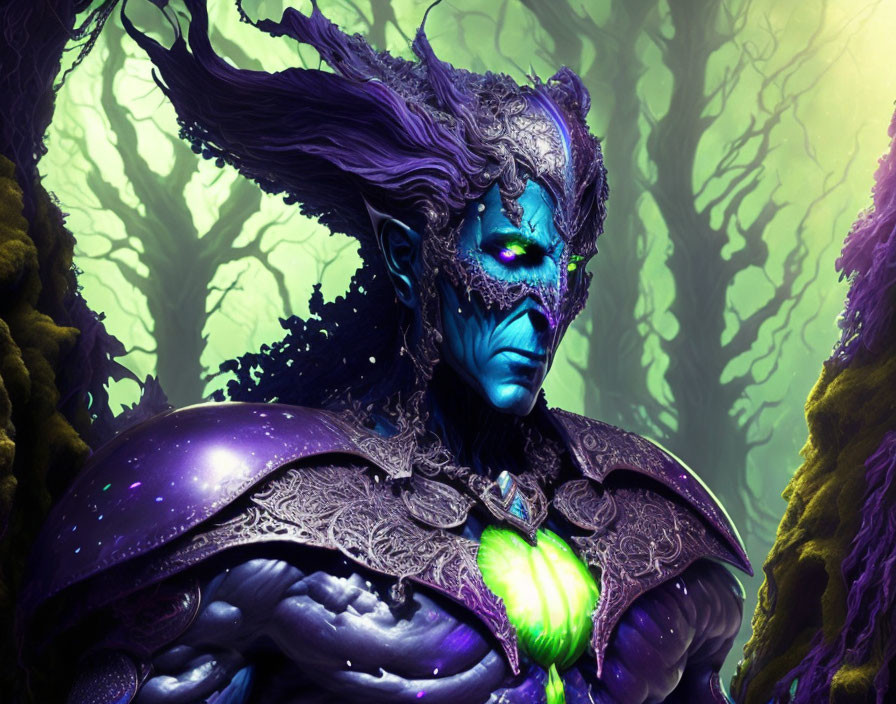 Blue-skinned fantasy character in dark armor against eerie forest backdrop with glowing eyes