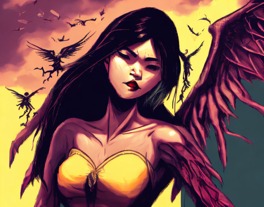 Dark-haired woman with wings and intense gaze in yellow top against fiery sky, with bird silhouettes