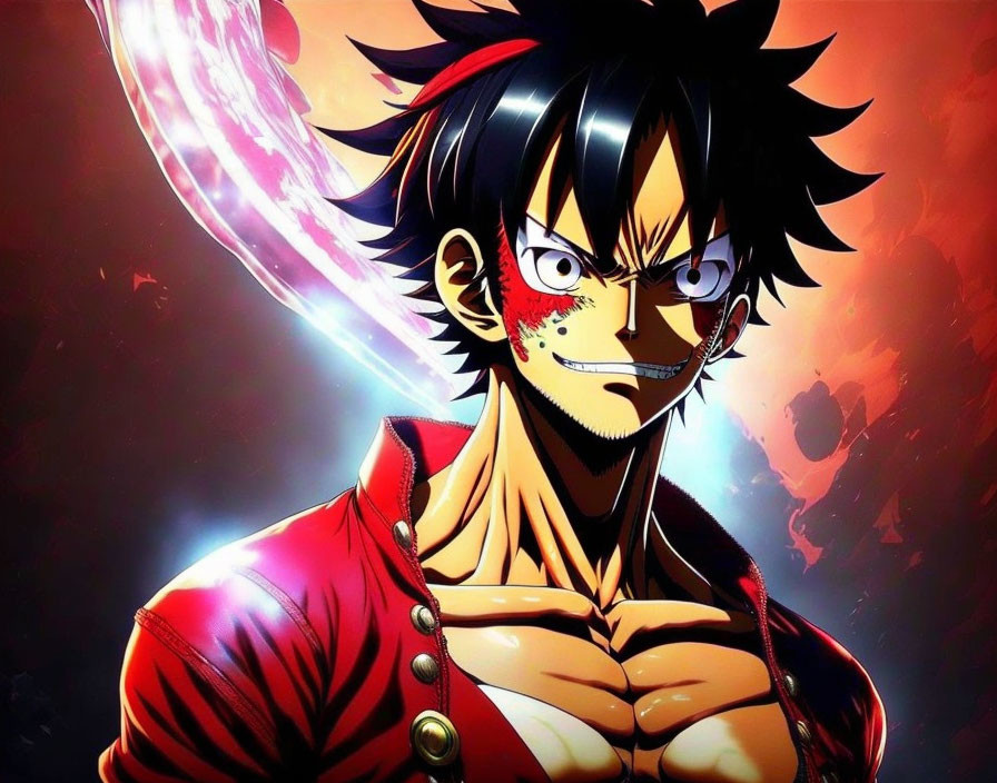 Black-Haired Animated Character in Red Jacket Against Fiery Backdrop