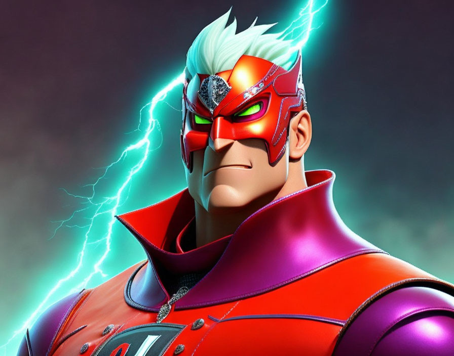 Digital artwork of heroic figure with silver hair, red mask, cape, and lightning.