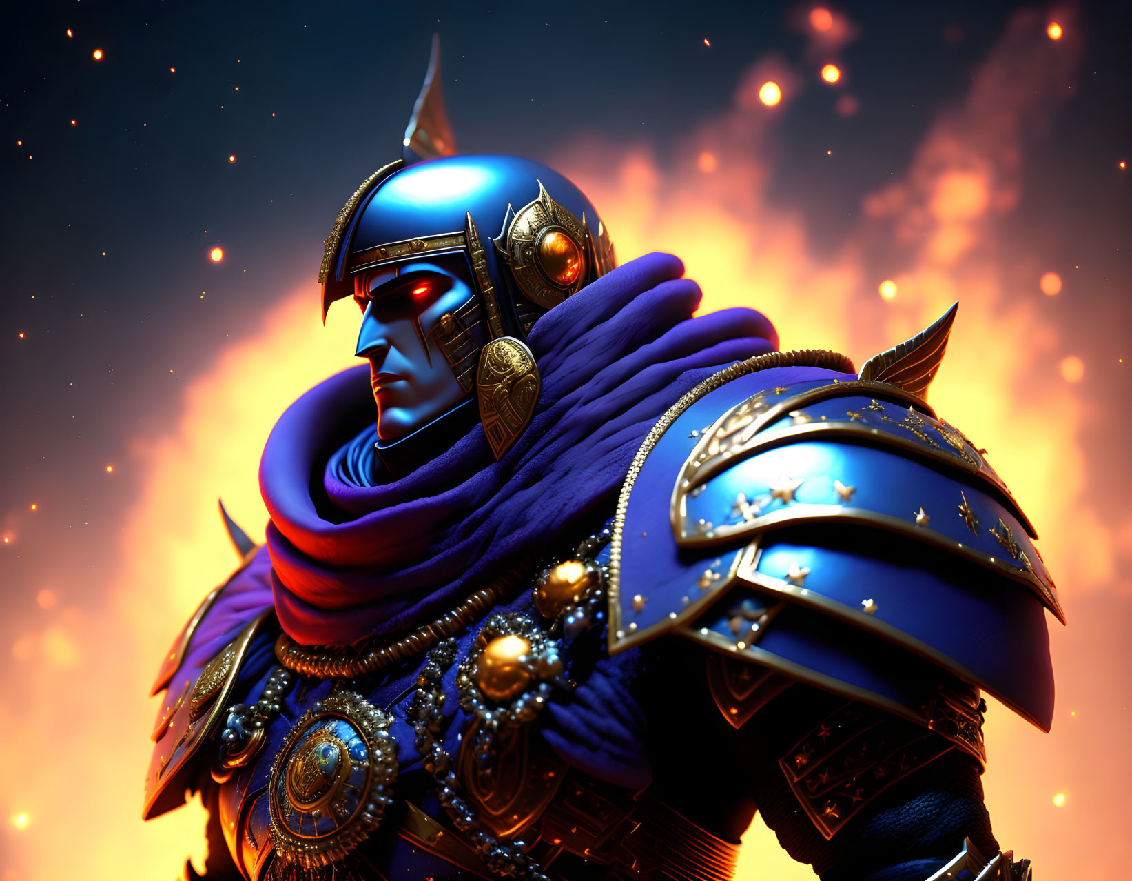 Futuristic knight in blue armor on starry backdrop