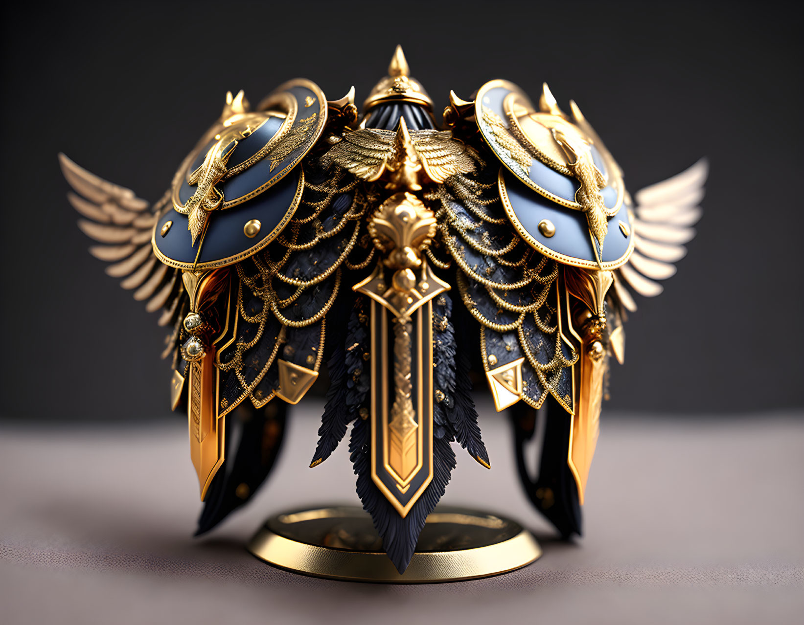 Gold and Black Winged Helmet with Sword Motif and Jewels on Soft-focus Background