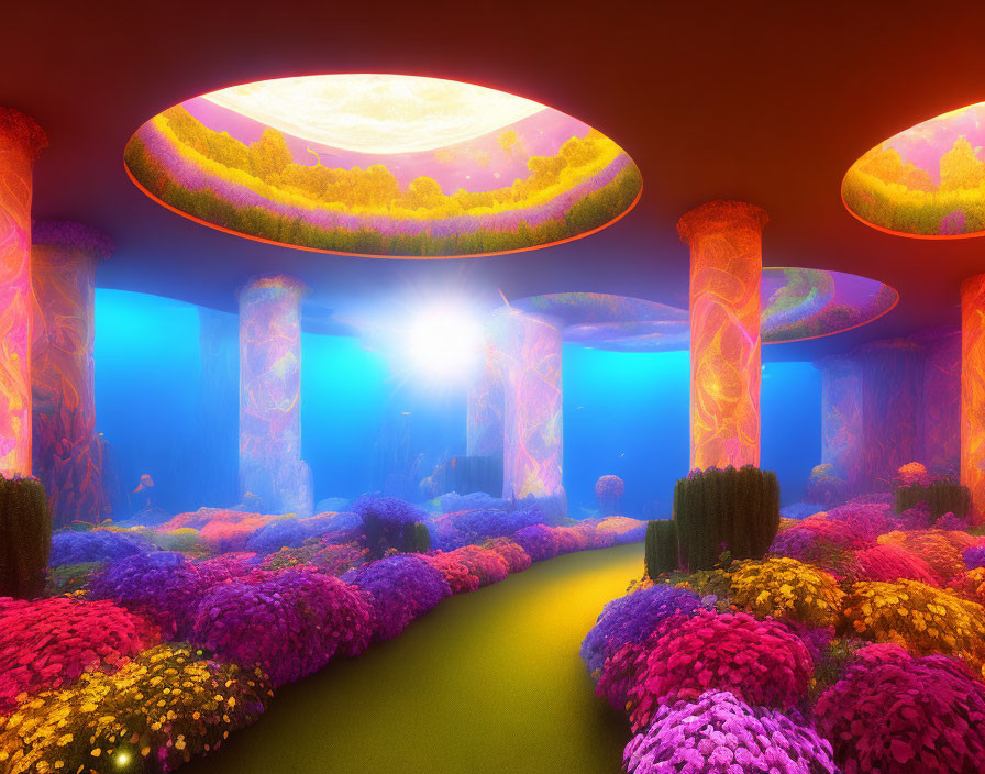 Colorful surreal landscape with luminescent plants and floating islands