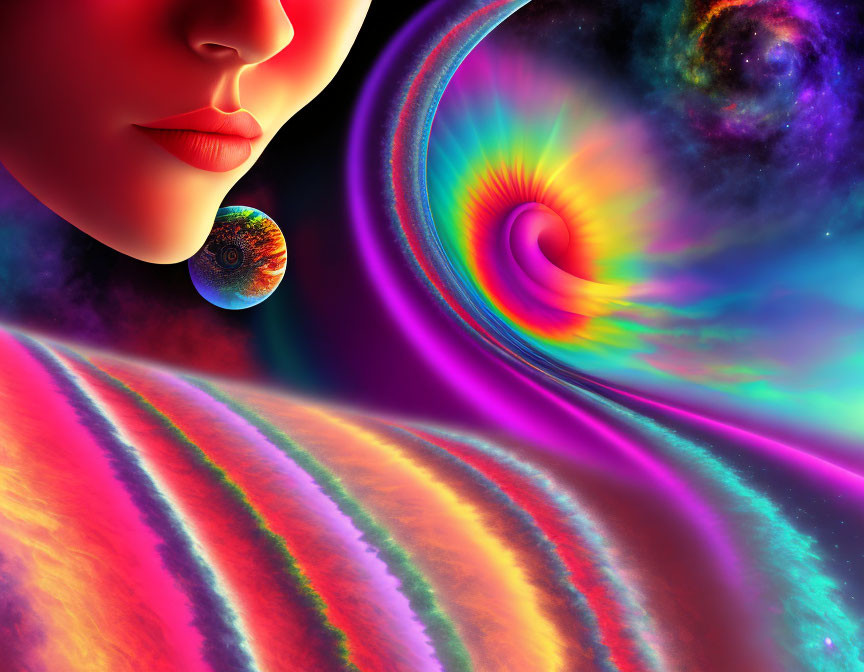 Colorful fractal patterns on side profile face with galactic elements