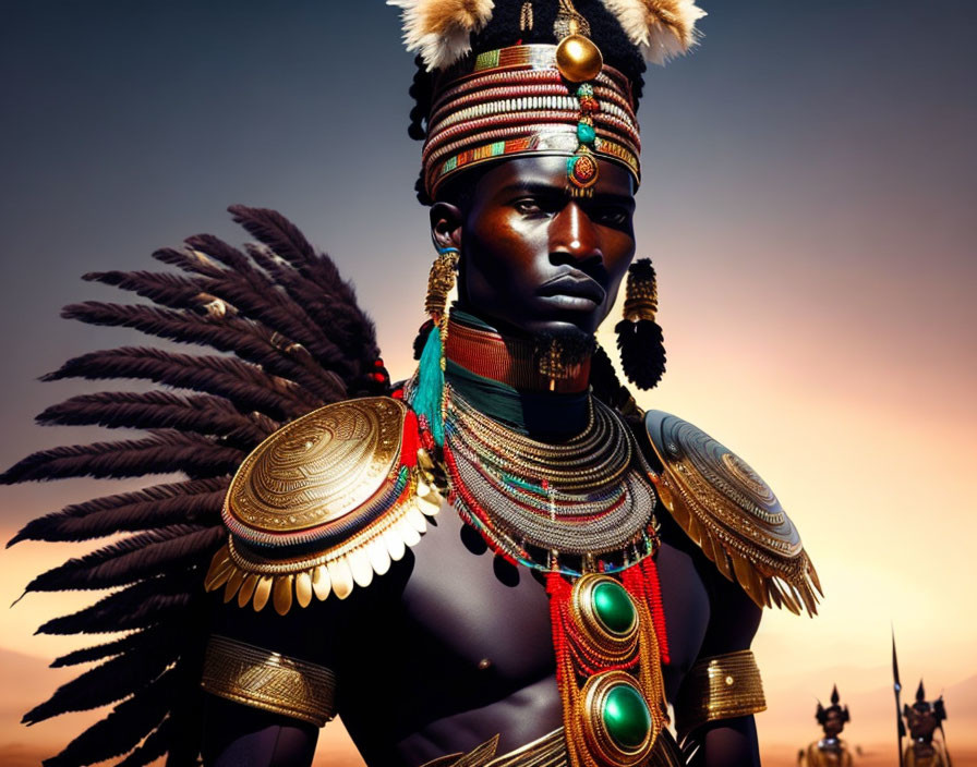 Elaborate traditional African warrior attire with beaded necklaces and feathered headdress