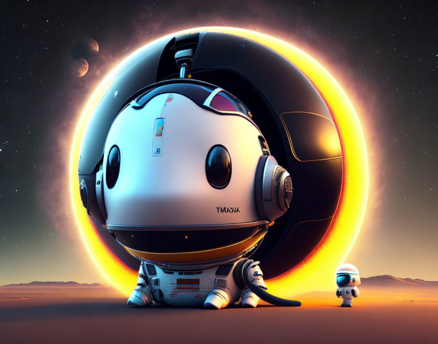 Large Spherical Robot and Companion on Desert Terrain at Dusk