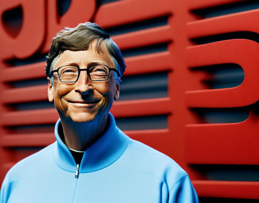 Smiling person in blue sweater with glasses against red background