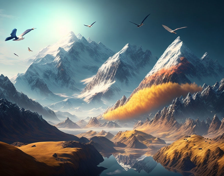 Snowy Mountain Landscape Reflecting in Tranquil Lake with Soaring Birds