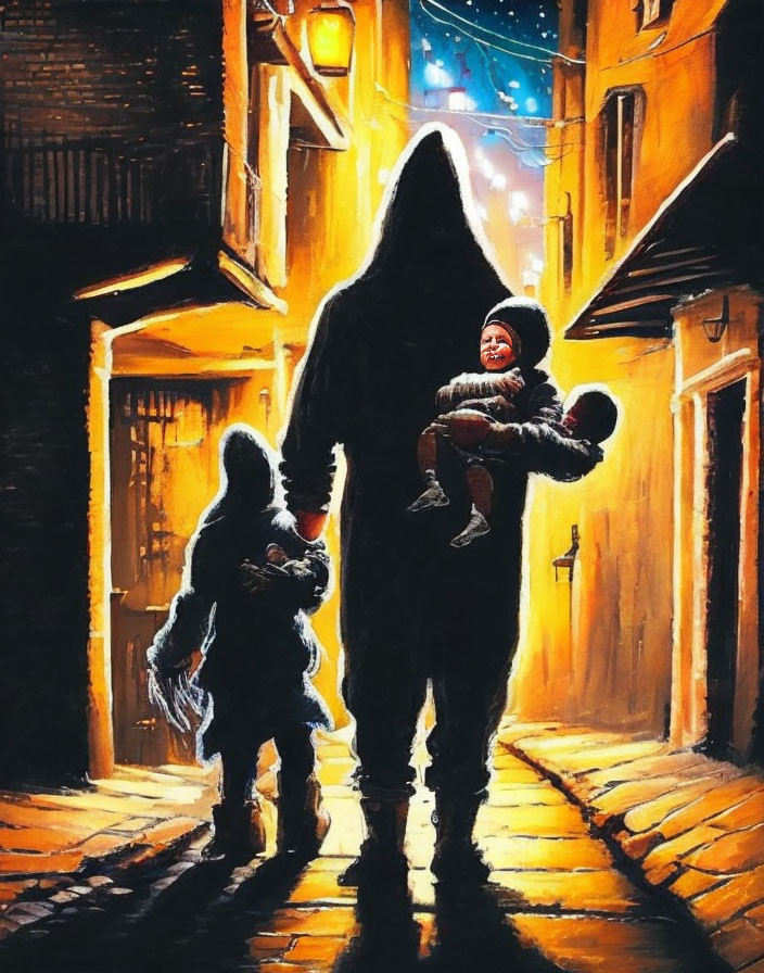 Hooded figure with child in lamp-lit alley at night