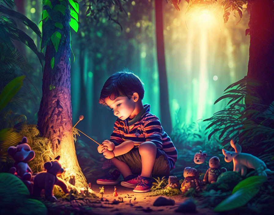 Child sitting in mystical forest with toy animals under sunlight glow