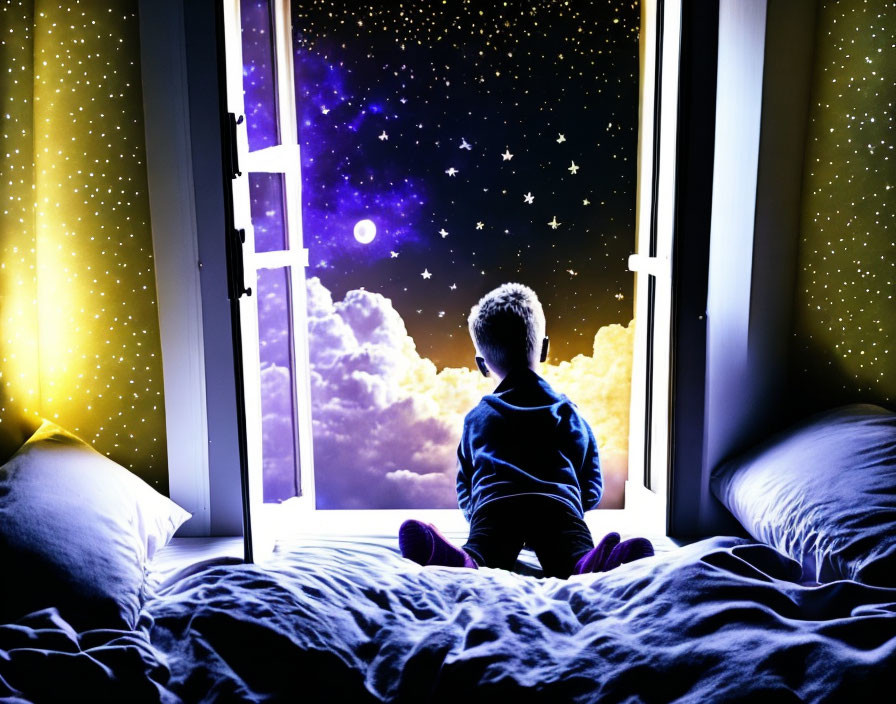 Child sitting on bed looking at vibrant night sky with stars, moon, and clouds