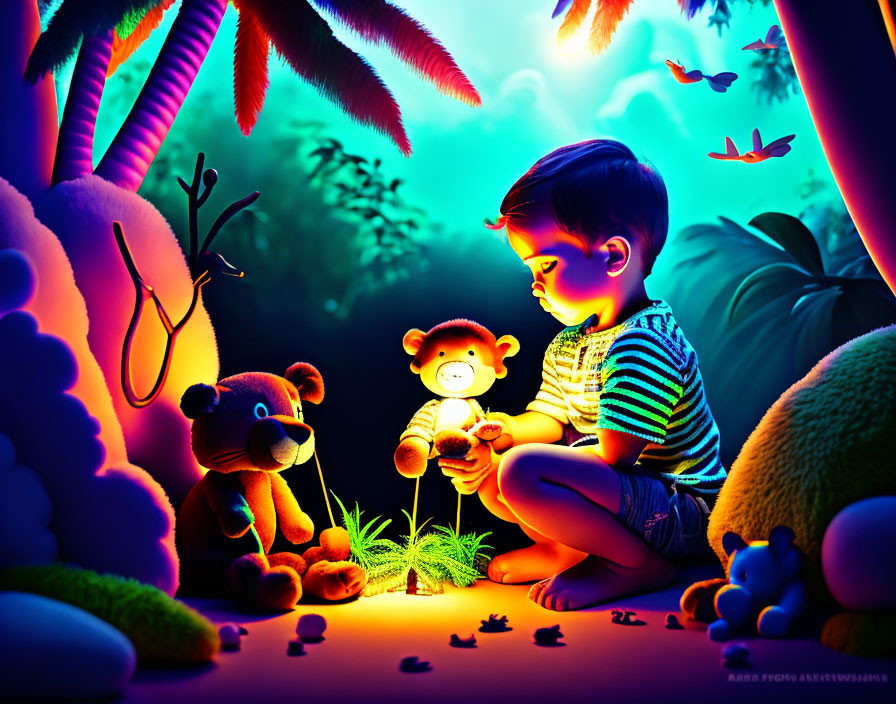 Child in colorful fantasy setting with plush toys and glowing object, surrounded by nature and birds