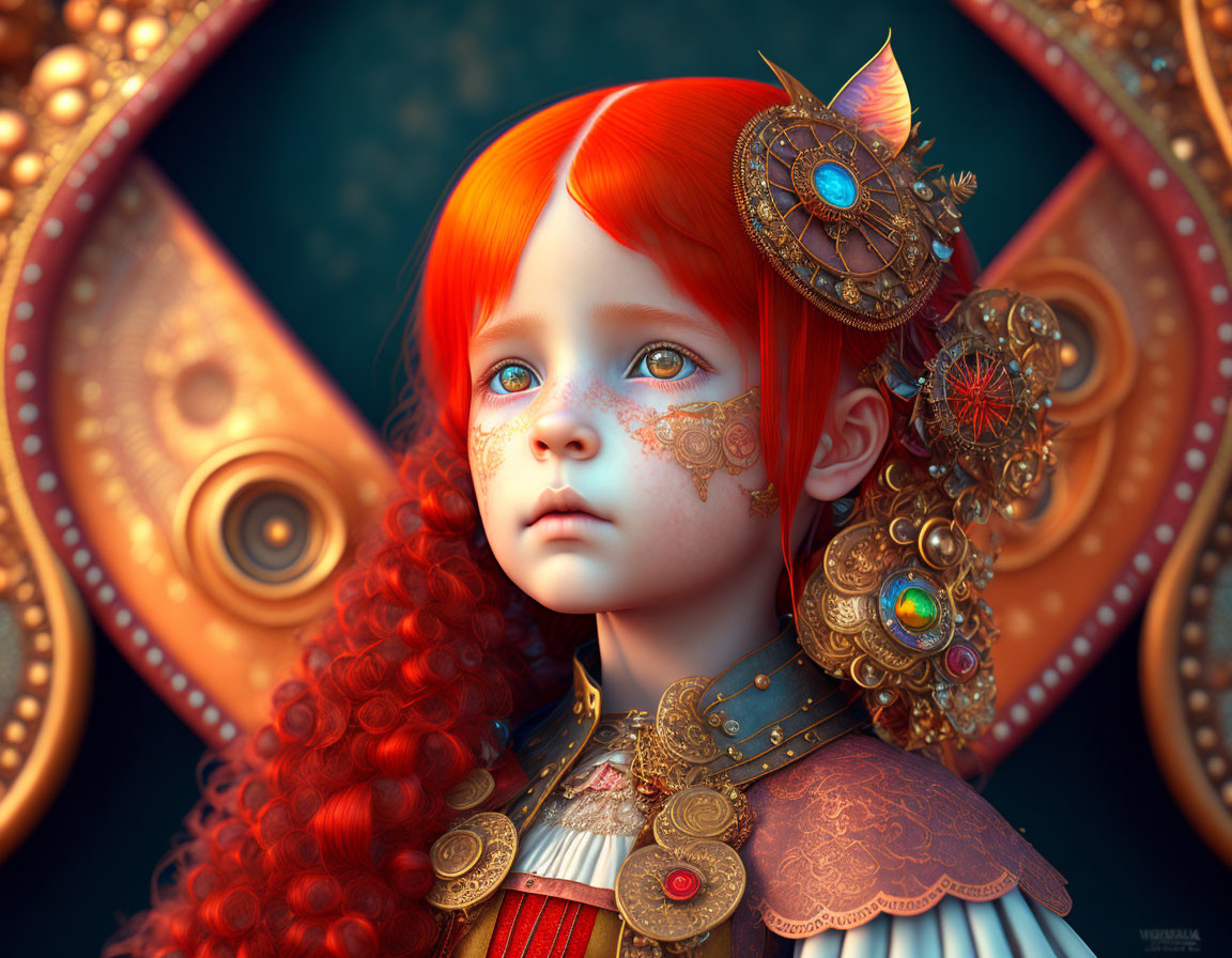 Vibrant red-haired girl in steampunk attire against ornamental backdrop