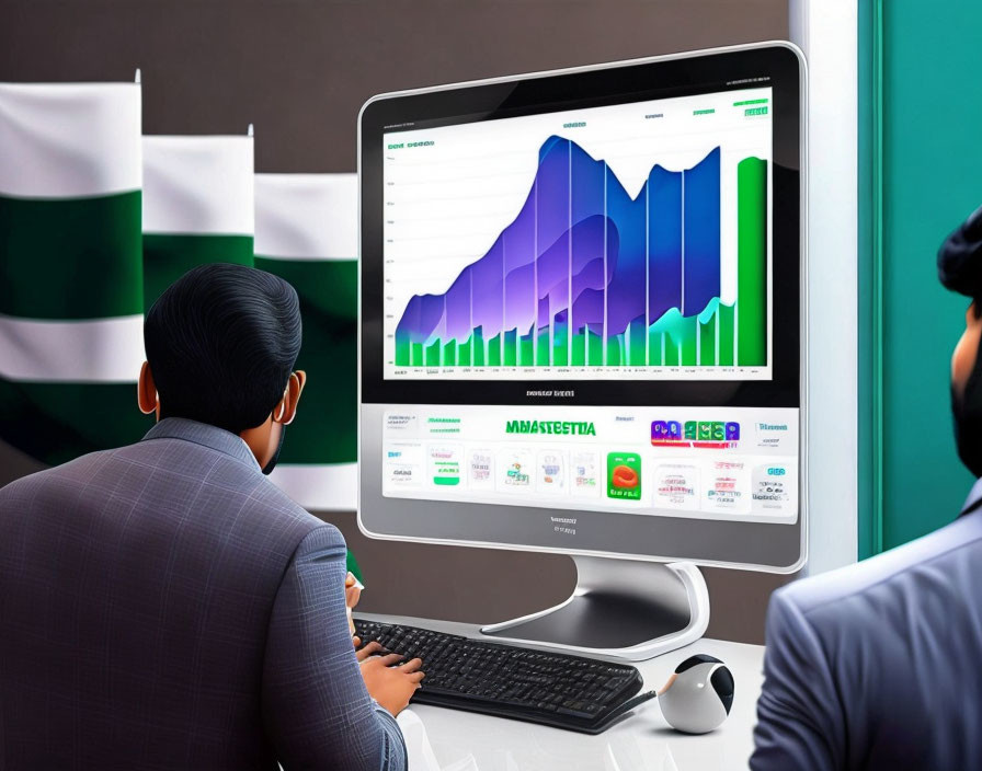 Businessman analyzing financial data with colorful bar and line graphs on large computer screen