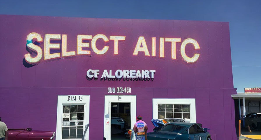 Purple Building Facade with Large Letters and People Nearby