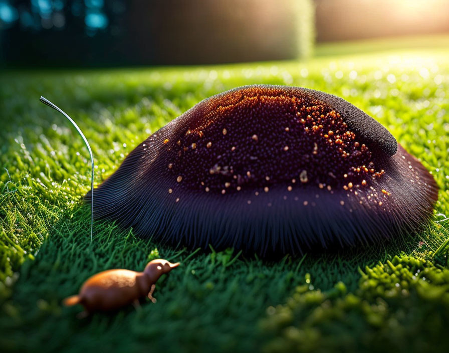 Dark Mushroom with Spores in Sunlit Grass Scene