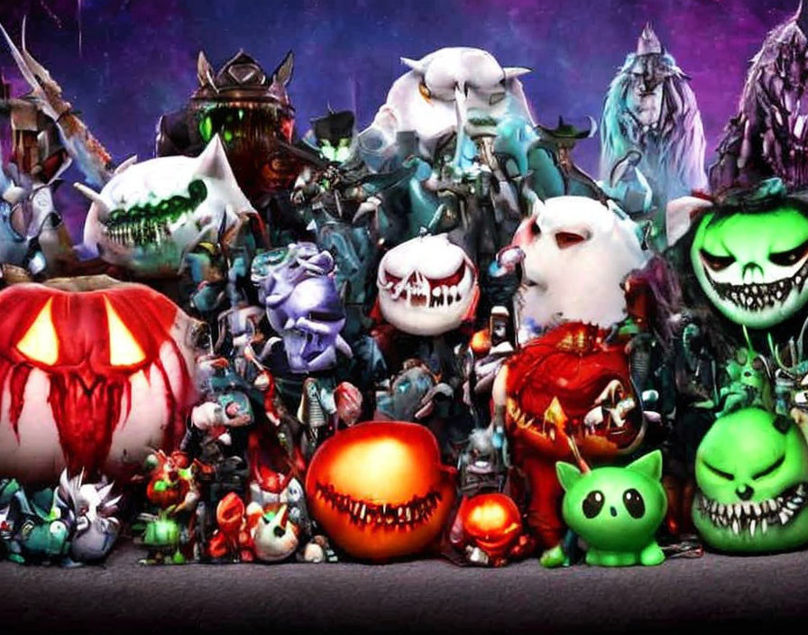 Colorful Spooky Fantasy Creatures and Carved Pumpkins Display