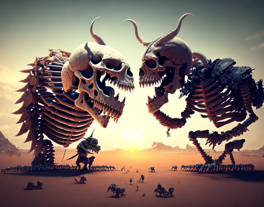 Two horned skeletal beasts in desert face-off with mountains in background