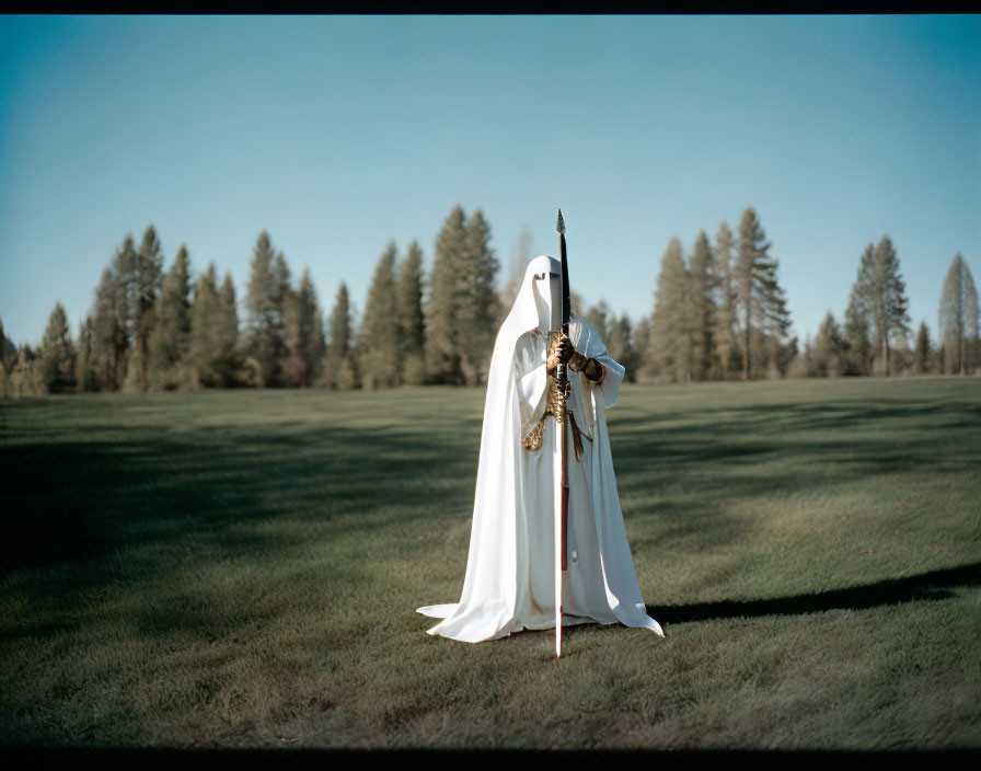 Person in white ghost costume with spear in grassy field surrounded by trees and blue sky