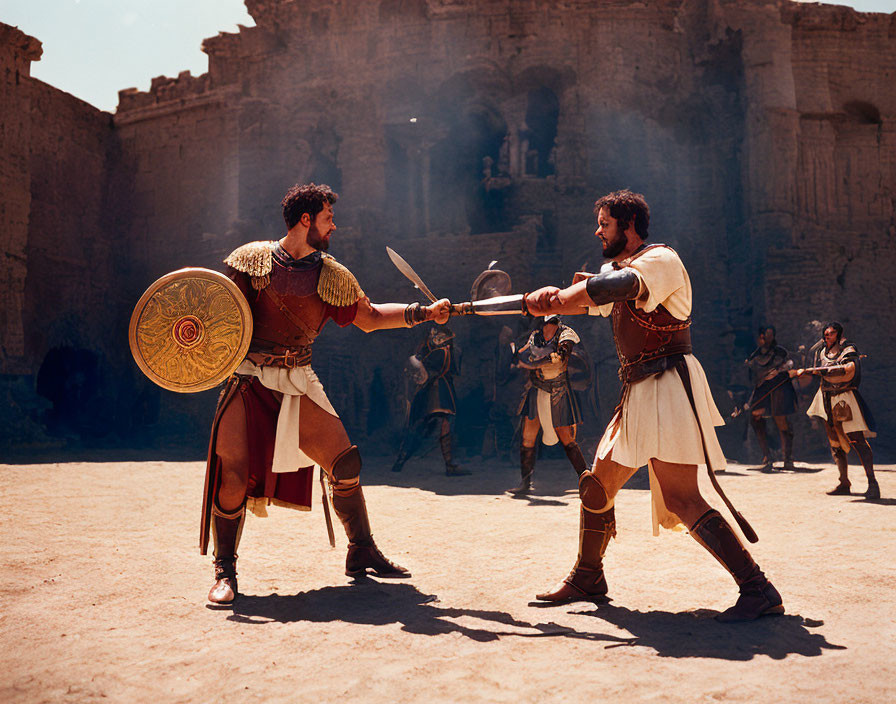 Men in ancient warrior costumes duel with swords and shields in sandy arena.