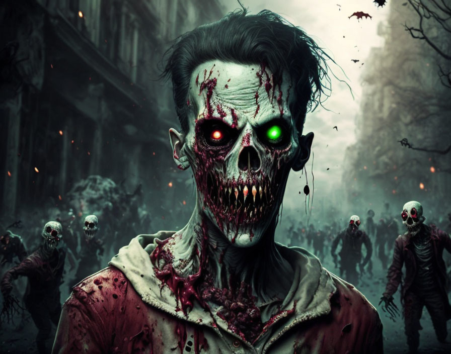 Gory zombie with green eyes in chaotic street scene