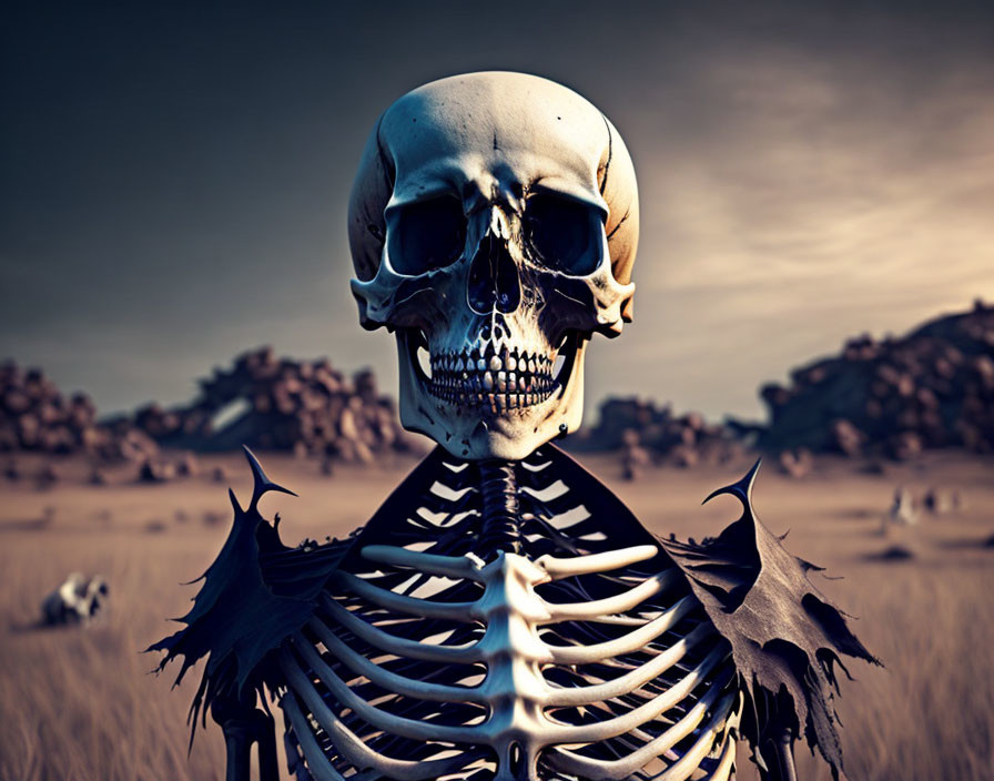 Human Skeleton in Barren Desert Landscape with Tattered Clothing Remnants