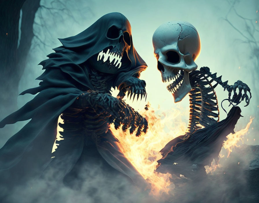 Skeletal figures in robes with skull-like heads in dark misty setting