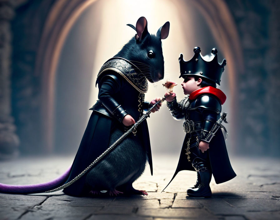 Child in King Costume Meeting Human-Sized Mouse Knight in Medieval Hallway