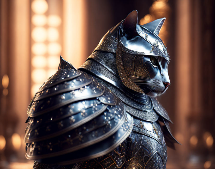 Medieval armor-clad cat in opulent setting