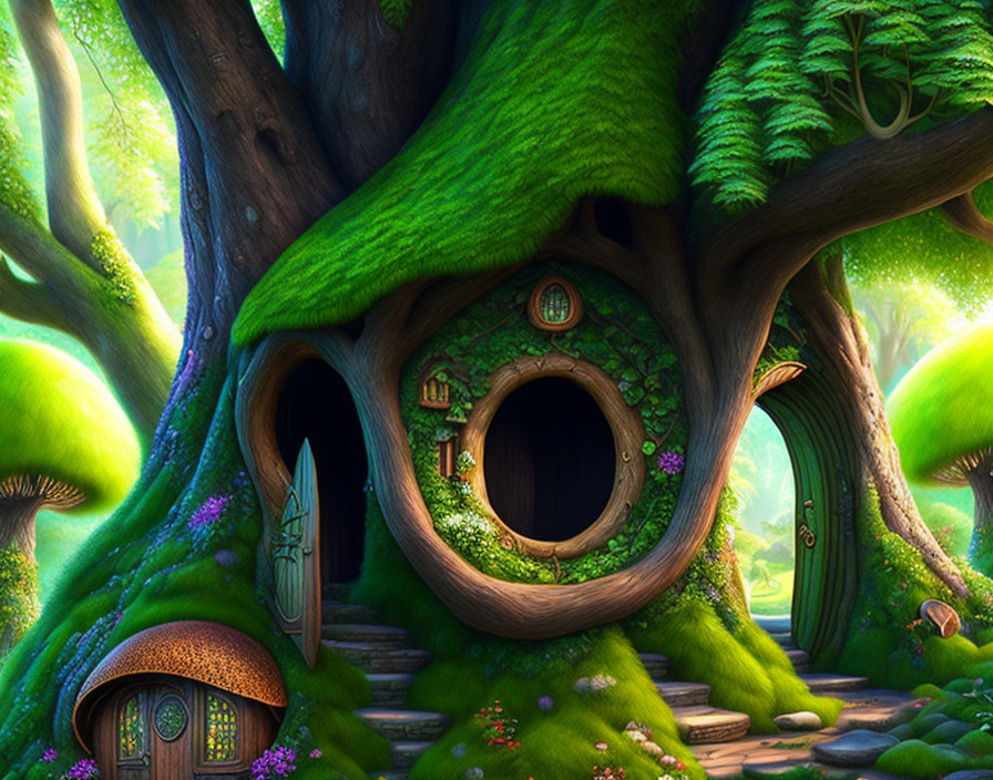 Lush green forest with whimsical treehouses and round doors nestled among roots.