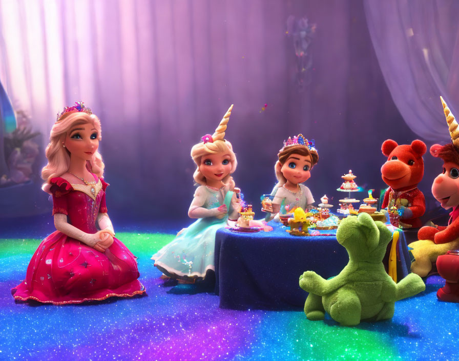 Animated princesses and plush toys tea party in magical setting