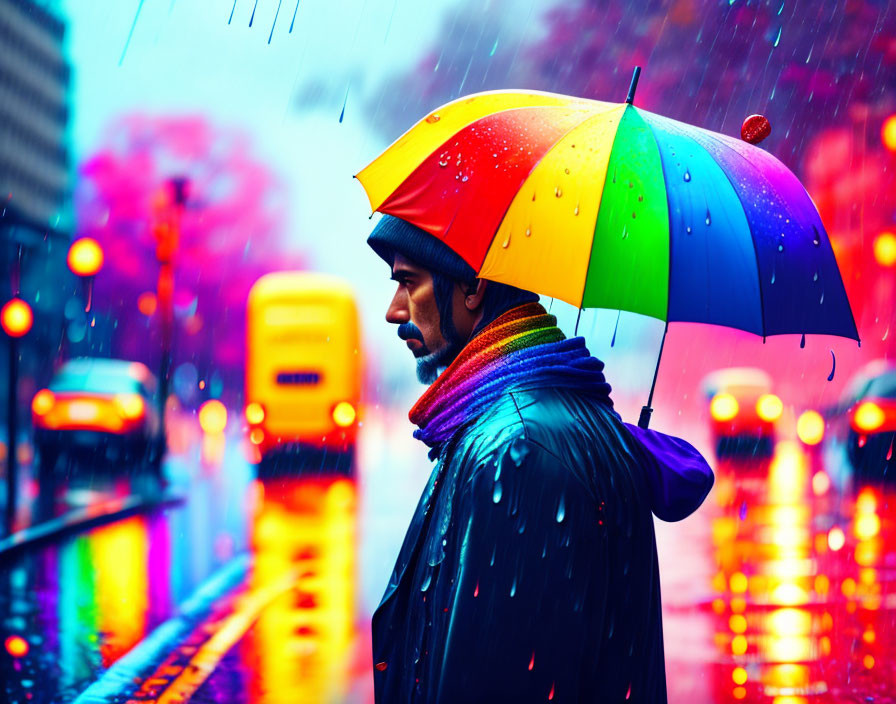 Colorful Umbrella Man Walking in Rainy City with Vibrant Lights