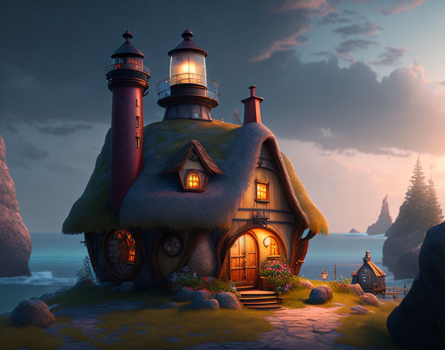 Cozy cottage with lighthouse overlooking serene ocean at dusk