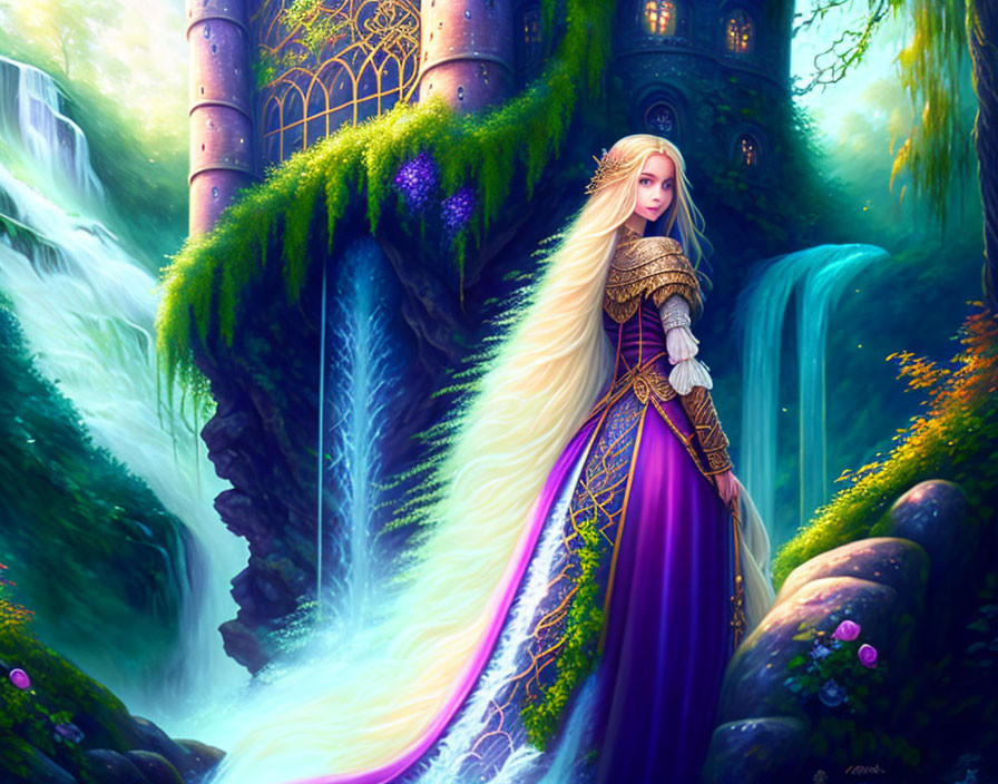 Regal woman with flowing hair by waterfall in lush forest