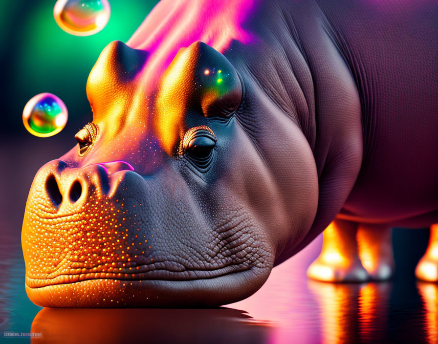 Colorful Image of Glowing Hippopotamus with Iridescent Bubbles