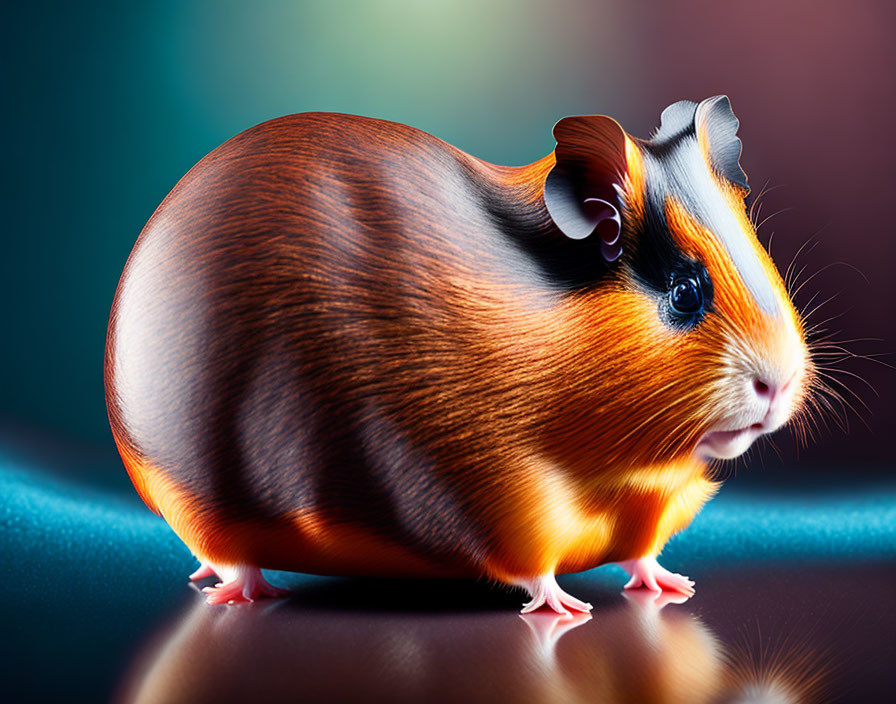 Plump Guinea Pig with Brown, Black, and White Coat on Blurred Background