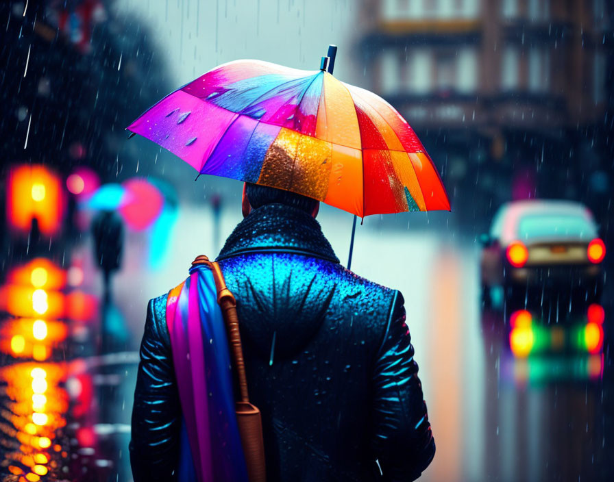 Colorful umbrella in rain on city street with blurred lights