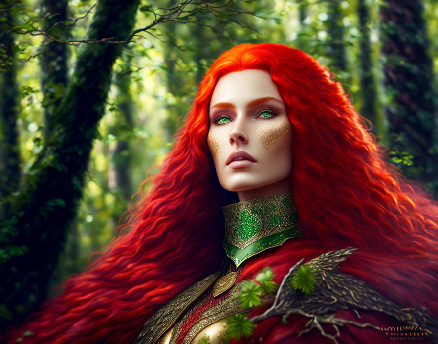 Digital Artwork: Woman with Red Hair and Emerald Eyes in Golden Armor