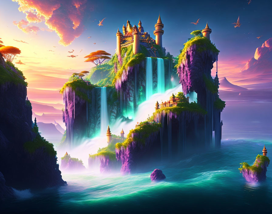 Mystical floating island with castle, waterfalls, lush greenery, and birds at sunrise or