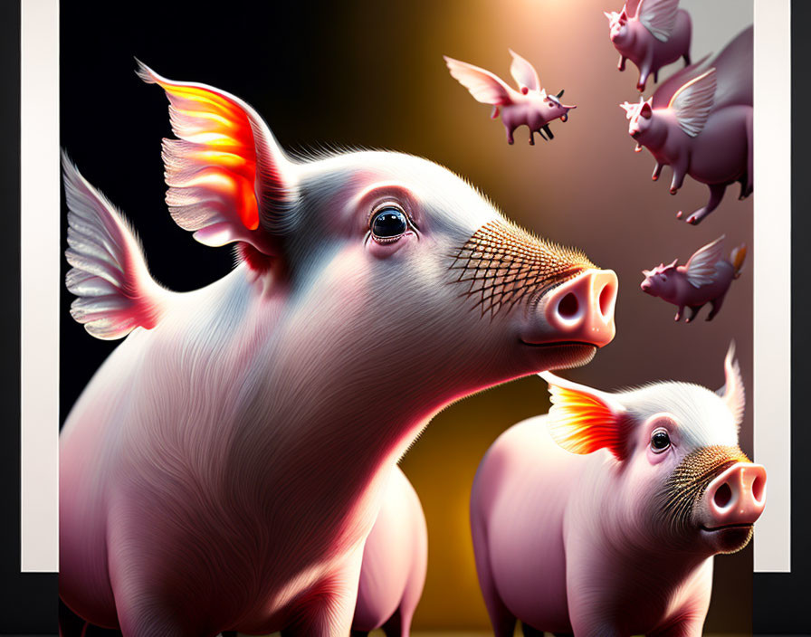 Flying pigs with wings in fantasy image on dark background