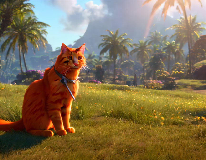 Orange Tabby Cat with Blue Collar in Sunny Meadow with Palm Trees, Flowers, and Mountains