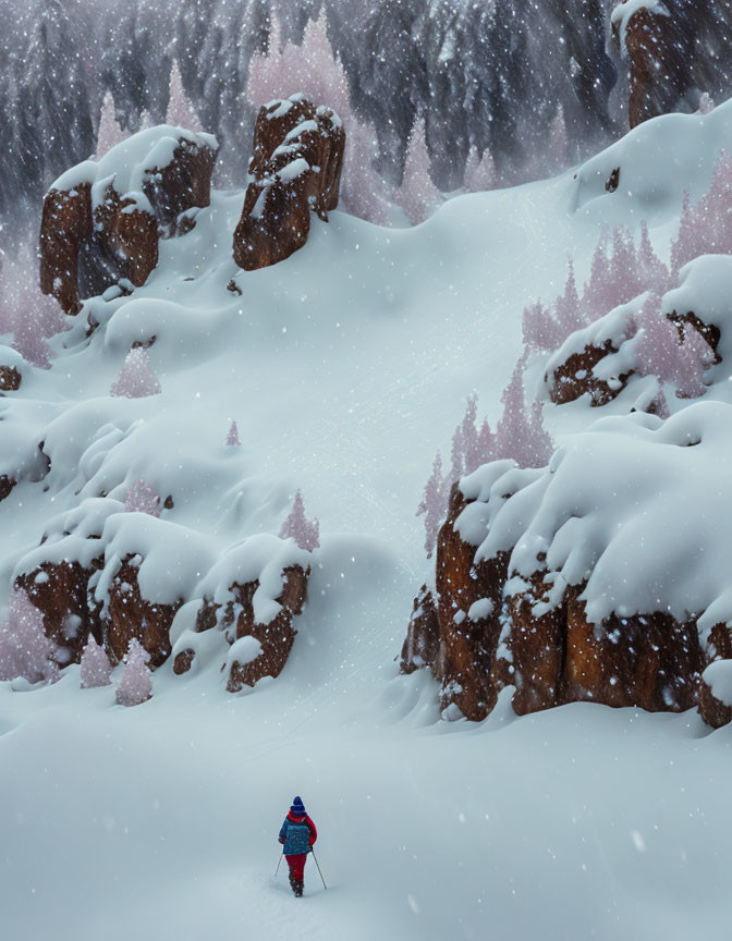 Colorful Gear Hiker in Snowy Forest Landscape