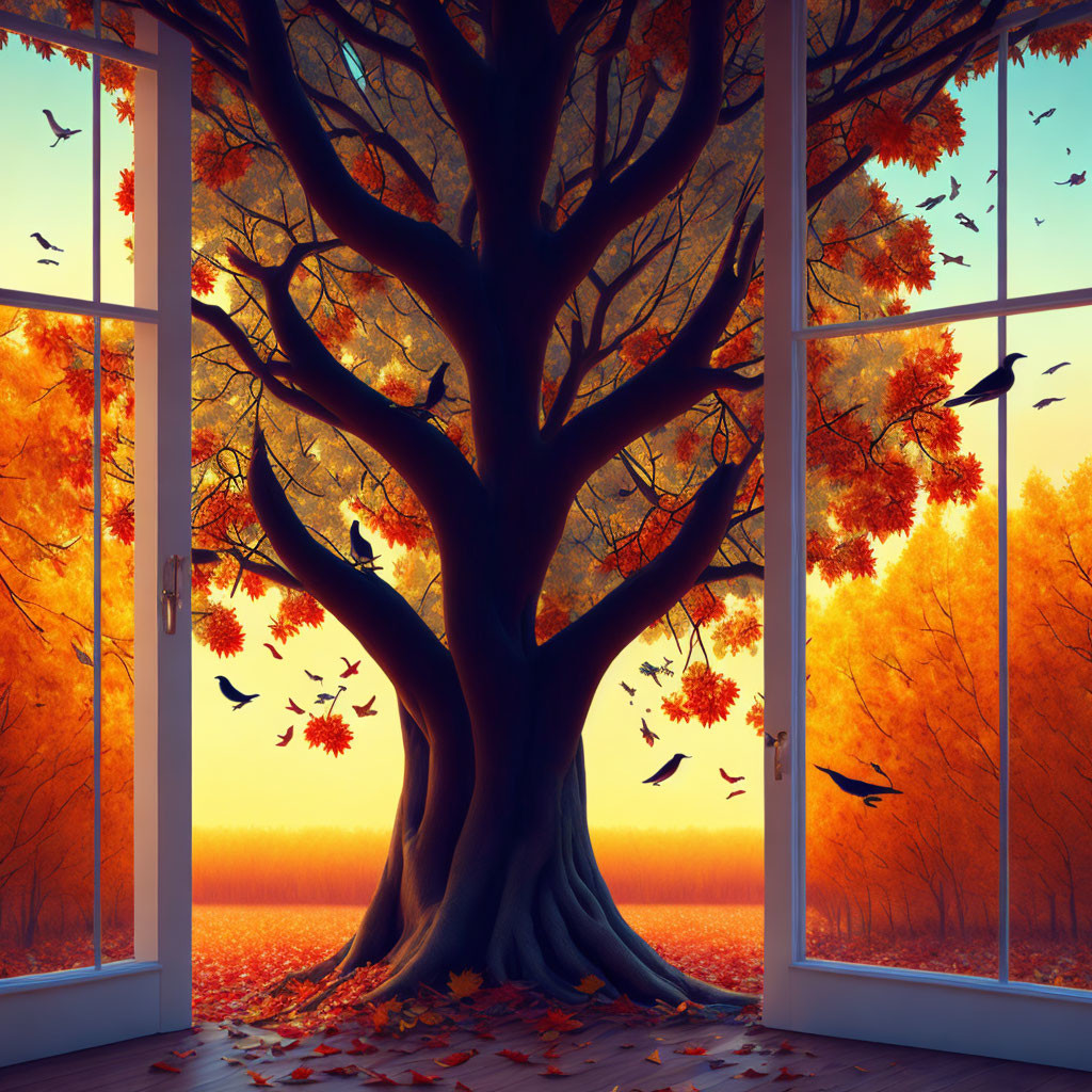 Autumn scene with large tree, glass door, fallen leaves, and flying birds.